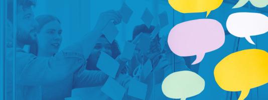 Graphic of people with post-it notes and speech bubbles.