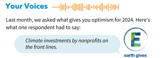 Graphic for "Your Voices" with the answer to last month's question, "What gives you optimism for 2024." Earth Gives said, "Climate investments by nonprofits on the front lines."