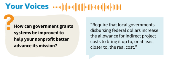 Graphic for "Your Voices" with an answer to last week's question, "Require that local governments disbursing federal dollars increase the allowance for indirect project costs to bring it up to, or at least, closer to, the real cost."