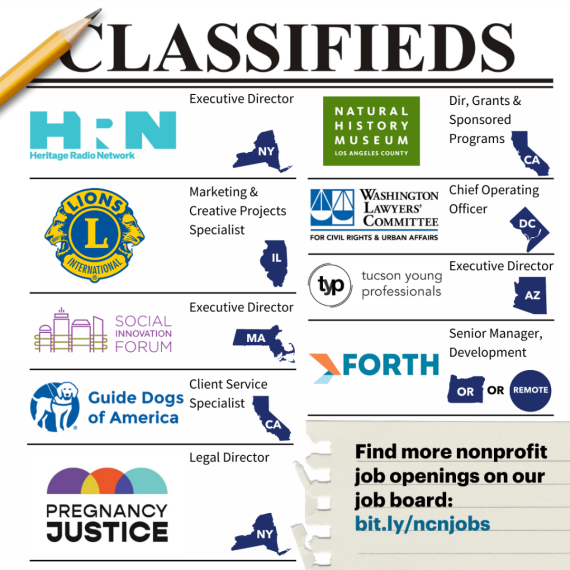 Mock-up of a Classified Ad with nine nonprofit jobs and their locations.