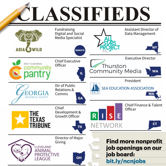 Classifeds ad with nine jobs listed for nonprofits. 