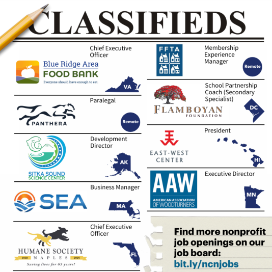 Classifeds ad with nine jobs listed for nonprofits. 