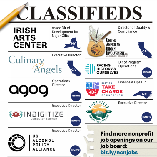 Classifeds ad with nine jobs listed for nonprofits. 