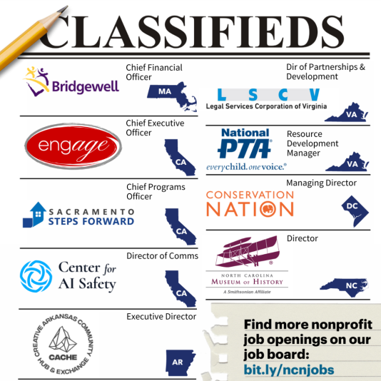 Classifeds ad with nine jobs listed for nonprofits. 