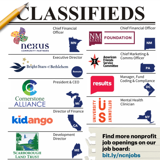 Classifeds ad with nine jobs listed for nonprofits. 