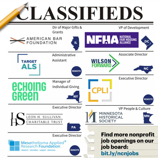 Classifeds ad with nine jobs listed for nonprofits. 