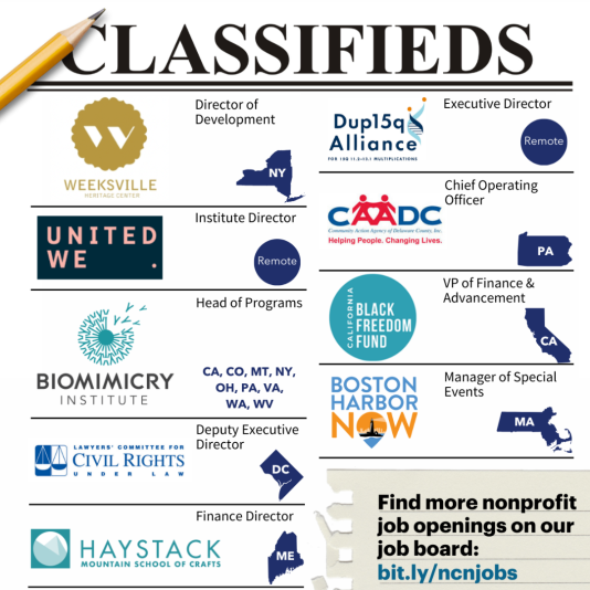 Classifeds ad with nine jobs listed for nonprofits. 