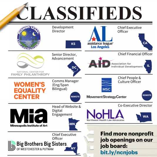 Classifeds ad with nine jobs listed for nonprofits. 