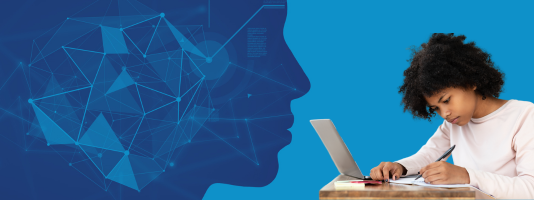 Person at a computer with the blue outline of a face with technology patterns.